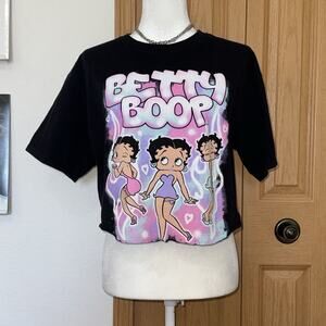 Betty Boop Shirt Black Short Sleeve Graphic Tee T Shirt Cropped Top Tee Large
